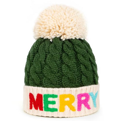 Christmas Merry Beanie for Women Winter Crochet Hat Chunky Cable Knit Pompom Santa Hat - color: Green-merry