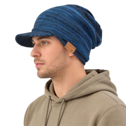 Ruphedy Mens Beanie with Brim Winter Hat Knitted Thick Fleece Visor Beanie - color: B319a-blue