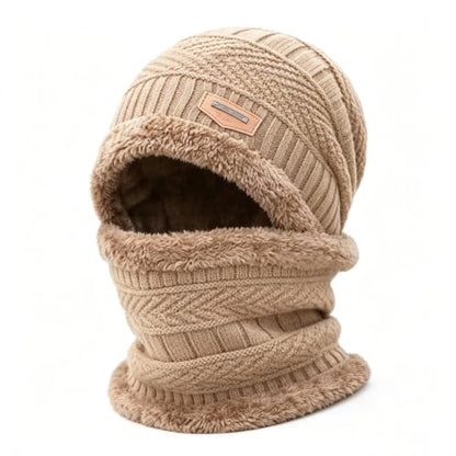 Khaki Knit Balaclava Hat Fleece Lined Winter Neck Warmer Set