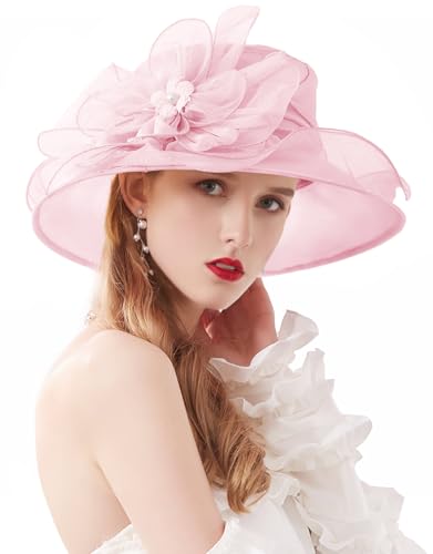 Women Organza Kentucky Hat Fascinator Tea Party Derby Hat Feather Wedding Church Head Ornament Sun Hats - color: 018-pink