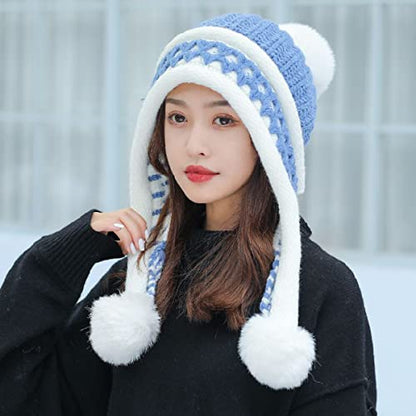 HUAMULAN Women Winter Peruvian Beanie Hat Ear Flaps Fleece Lining - color: Blue White
