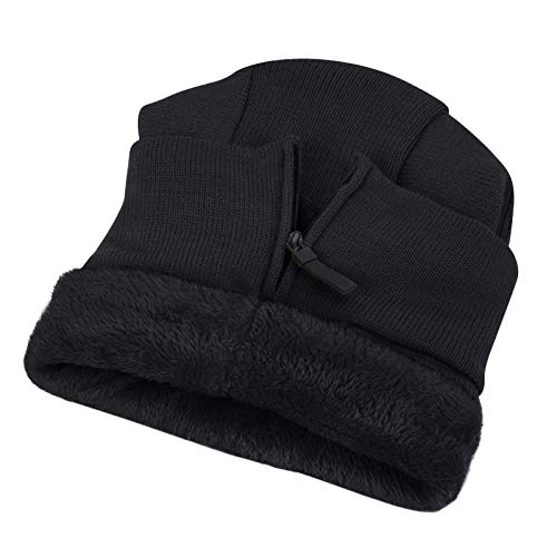 Women Winter Fleece Lined Balaclava Windproof Warm Knit Full Cover Hooded Cap - color: Black