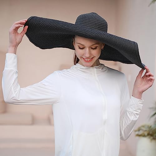 Oversized Beach Straw Sun Hats for Women Large Wide Brim Sun Visor Hat Summer Floppy Foldable Roll Up UV Protection Beach Cap - color: Black