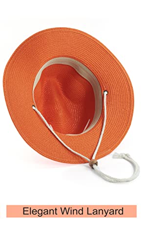 Women Straw Fedora Hat Summer Panama Beach Sun Hats UV UPF50+ Cap - color: Orange
