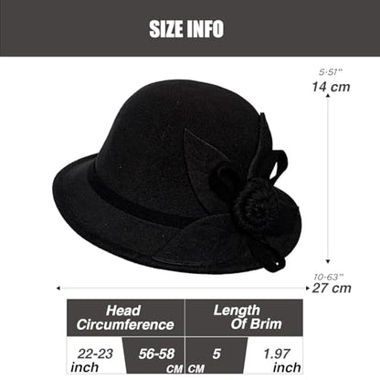 Woolen Cloche Hat for Women, Flower Winter Warm Bucket Cap - color: Black