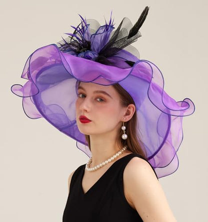 Women Derby Church Hat Organza Flower Wedding Tea Party Fascinator Wide Brim Sun Hat - color: 10-violet