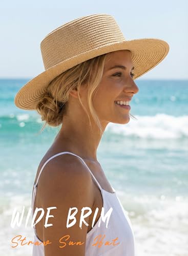Straw Sun Hats for Women Summer Beach Wide Brim Boater Hat Fashion Travel Vacation Fedora Panama UPF 50+ - color: Khaki Black