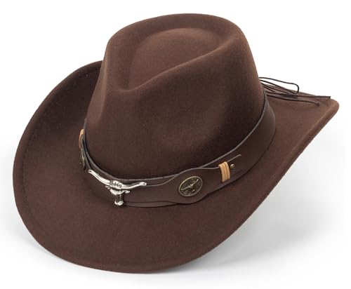 Felt Fedora Western Cowboy Hat for Women Men - color: Brown-bull Buckle Belt Decor