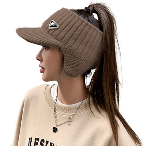 Open Beanie with Earflaps Visor Brim Bun Ponytail Winter Golf Tennis Hats Women - color: Khaki
