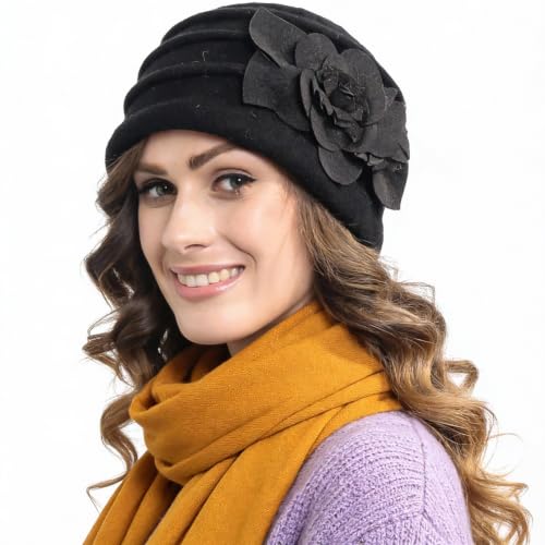 Vintage Women Floral Wool Dress Cloche Winter Hat 1920s - color: C022-d-black