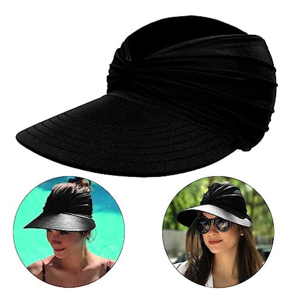Sun Hat Women Beach Visor Cap UV Protection with Wide Brim Packable Summer Sport Ponytail Sun Cap - color: Black