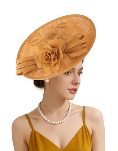 Unpifolov Fascinators Hats Elegant Women Flower Mesh Feathers Wedding Cocktail Bride Headband for Derby Hat Tea Party - color: Ginger