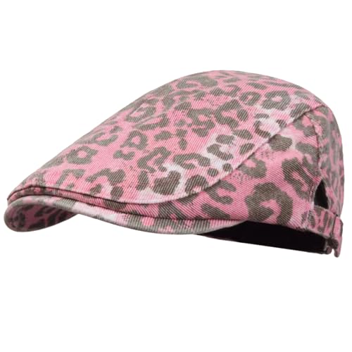 Retro Leopard Beret Cap 20s-Gatsby Fashion Cows Newsboy Caps Cotton Blend Ivy Flat Cabbie Hat Medium - color: Pink Leopard