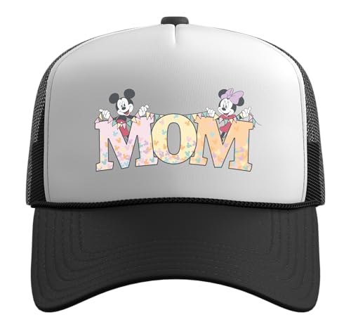 Disney Mom Mickey & Minnie Pastel Letters Family Disney Trip Trucker Hat with Adjustable Mesh Back - color: Black/White