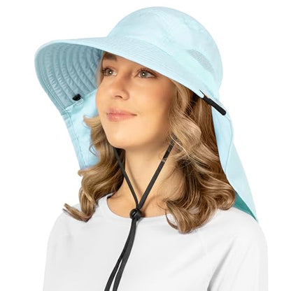 SUN CUBE Wide Brim Sun Hat with Neck Flap for Men Women, UPF50+ Fishing - color: Light Blue