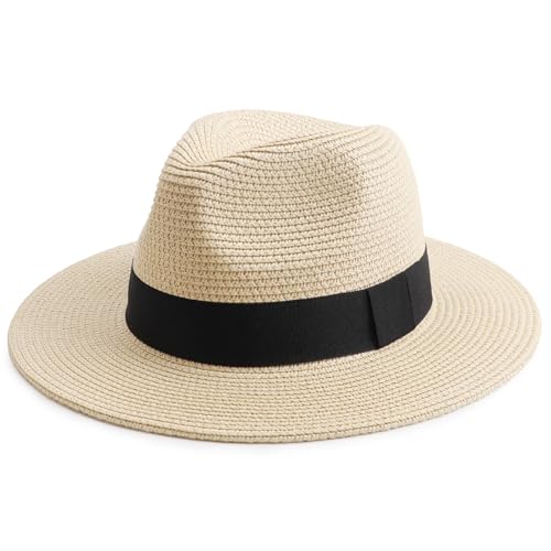 DRESHOW Women Straw Panama Hat Travel Fedora Beach Sun Hat Summer Wide Brim Straw Roll up Hats UPF 50+ - color: Fedora a Beige