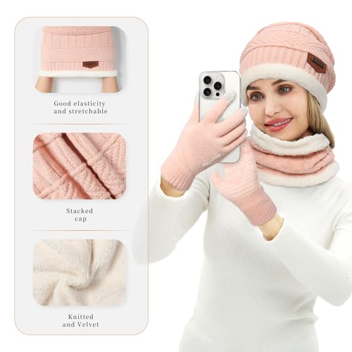 MAYLISACC Winter Knit Beanie Hat Neck Warmer Scarf and Touch Screen Gloves Set 3 Pcs Fleece Lined Skull Cap for Men Women - color: Pink--3 Pcs--(hat+scarf+gloves)