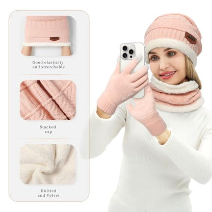 MAYLISACC Winter Knit Beanie Hat Neck Warmer Scarf and Touch Screen Gloves Set 3 Pcs Fleece Lined Skull Cap for Men Women - color: Pink--3 Pcs--(hat+scarf+gloves)