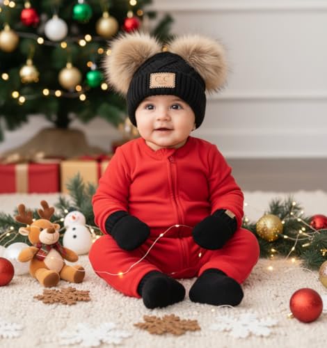 Funky Junque Baby Double Faux Fur Pom Pom Beanie & Mittens Set – Newborn Infant 0–9 Months Winter Hat with Soft Lined Mittens - color: Diagonal Basketweave: Black (0-9 Months)