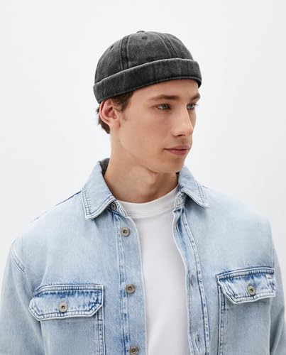 DIYDECAL Vintage Washed Cotton Sailor Docker Cap for Men, Brimless Skull Cap with Classic Retro Style - color: Black