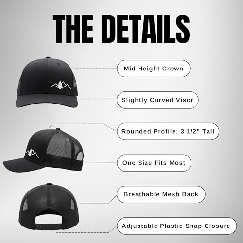 LINDO Trucker Hat [ Great Outdoors Design ] for Men and Women: Mid Profile Cap with Breathable Mesh Back and Adjustable Snap - color: Black