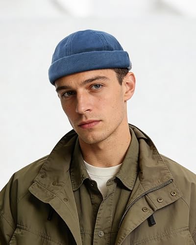 Clakllie Retro Docker Hat for Women Men Cotton No Brim Hat Adjustable Brimless Cap Worker Sailor Cap No Visor Beanie Hat - color: Blue-ct36