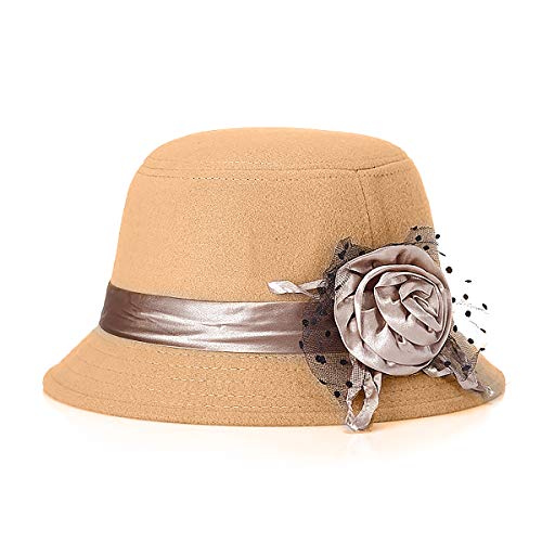 Glamorstar Vintage Felt Cloche Hat Winter Floral Fedora Bucket Hat Bowler Hats - color: Beige