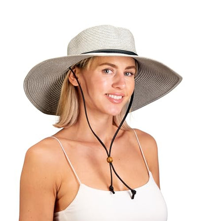 Sloggers Women's Wide Brim Braided Sun Hat with Wind Lanyard - UPF 50+ Maximum Sun Protection - color: Gray