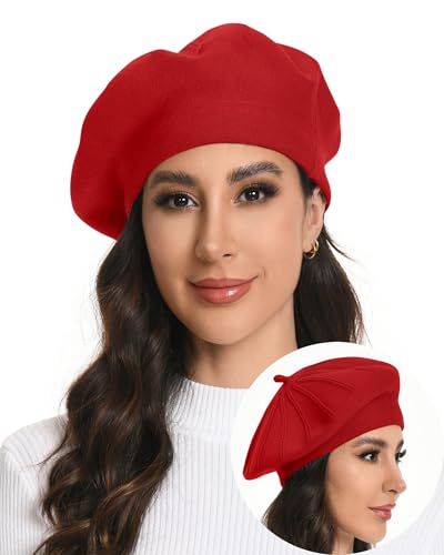 Women's Knitted Beret, French Style Double Layer Winter Autumn Warm and Soft Beanie Hat Cap - color: Z-red