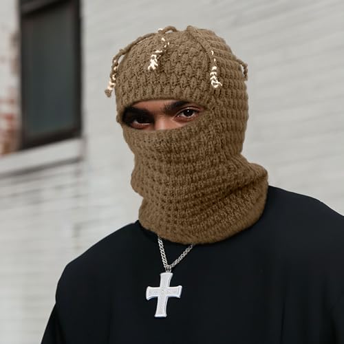 CLAPE Distressed Balaclava for Men, Funny Knitted Ski Motorcycle Mask Distressed Winter Windproof Snow Full Face Cover Mask - color: Khwb2401-khaki