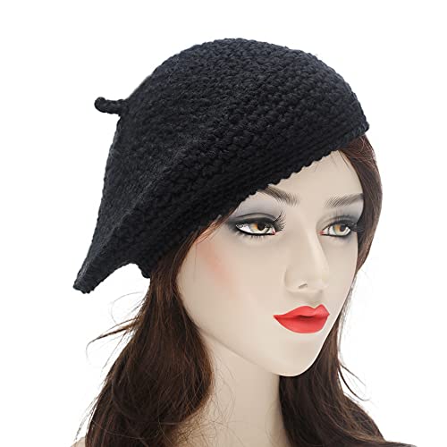 ZLYC Women French Beret Hat Winter Knitted Stretchable Beret Artist Cap - color: Solid Black