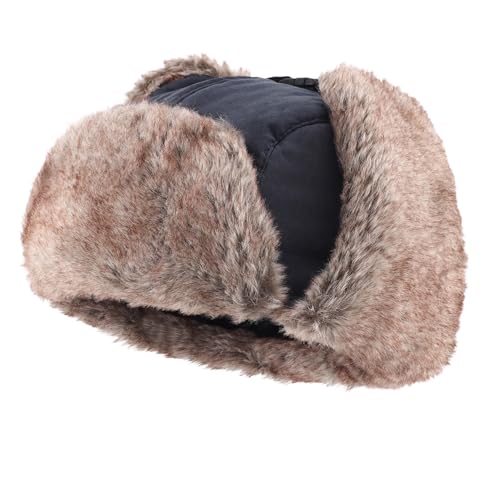 Home Prefer Mens Warm Faux Fur Trooper Trapper Hat Outdoor Reflective Winter Hunting Hat with Ear Flaps Face Mask - color: Navy Blue