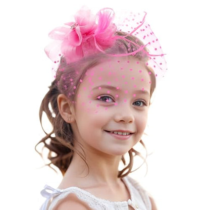 Zinniday Girls Tea Party Hat - Mini Pink Derby 2026 Feather Mesh Fascinators with Hair Clip, Kentucky 1920s 50s Victoria Headwear for Lady Women Girl Cocktail Costume Church Holiday Party Dress Up - color: Pink