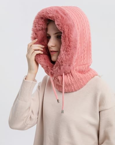 Womens Winter Hats, Warm Hooded Scarf Hat for Women, Fleece Beanie Hat with Drawstring, Balaclava Knit Skull Cap - color: Blush