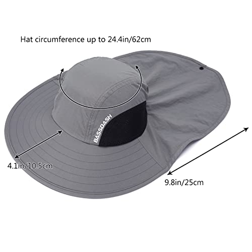 BASSDASH UPF 50+ Unisex Water Resistant Wide Brim Sun Hat with Large Neck Flap Ponytail Fishing Hat for Men Women - color: Light Grey