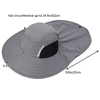 BASSDASH UPF 50+ Unisex Water Resistant Wide Brim Sun Hat with Large Neck Flap Ponytail Fishing Hat for Men Women - color: Light Grey