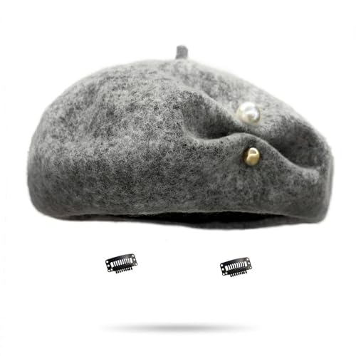 huablo French Berets Hat Premium Cashmere Beret Pearl Decorative Elegant Church Wool Hat for Women Solid Artist Hat - color: Grey