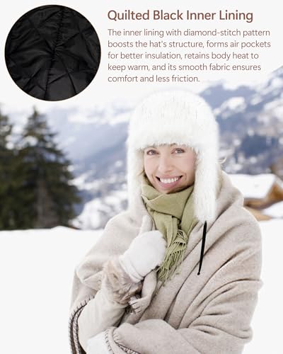 Peicees Winter Fur Hat for Women, Ladies Russian Ushanka Furry Trapper Hat with Warmer Ear Flaps and Glitter Silver Design - color: Beige