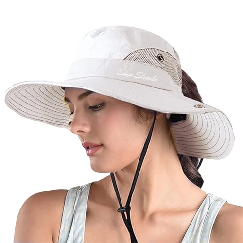 ZOORON Women's Ponytail Safari Sun Hat,Wide Brim UV Protection Bucket Hat - color: 1-purebeige