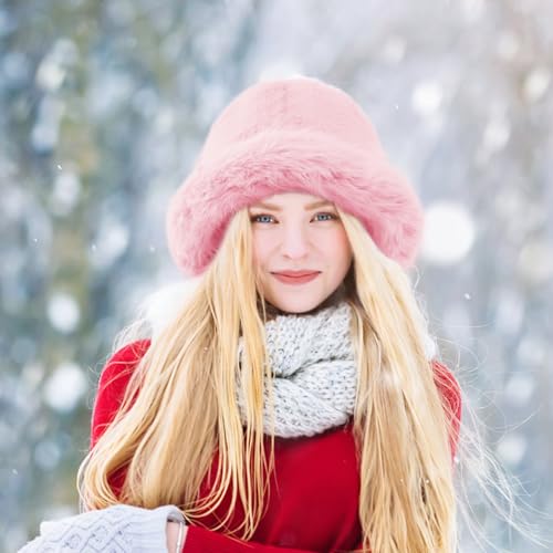 Peicees Winter Bucket Hat for Women Fur Russian Ushanka Ladies Fluffy Snow Hat Fuzzy Fisherman Cap Warm Cute - color: Pink