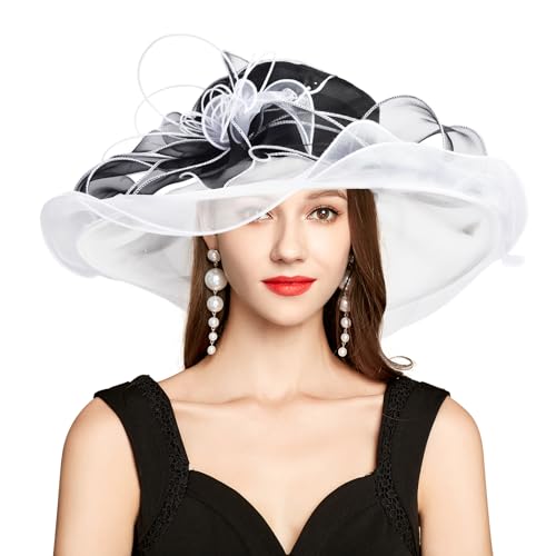2026 Derby Hats for Women Ladies, Classy Organza Sun Hat, Church Tea Party Wedding Kentucky Fascinator Hat - color: 5j-2462-black White
