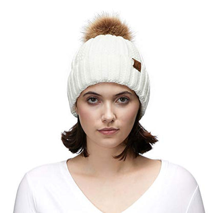 C.C Exclusives Fuzzy Lined Knit Fur Pom Beanie Hat (YJ-820) - color: Ivory