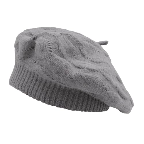 ZLYC Women French Beret Hat Reversible Solid Color Knit Warm Artist Cap - color: Cable Pattern Gray