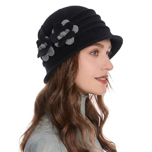 ZLYC Women Wool Cloche Bucket Hat 1920s Vintage Winter Hat with Flower - color: Daisy Black