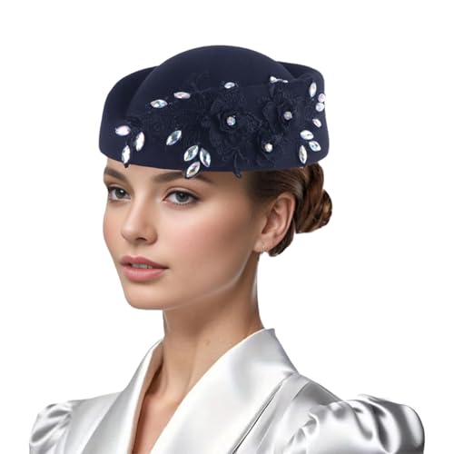 Women Vintage Church Hat Applique Felt Pillbox Hat Fascinator Tea Party Cap - color: Dark Blue