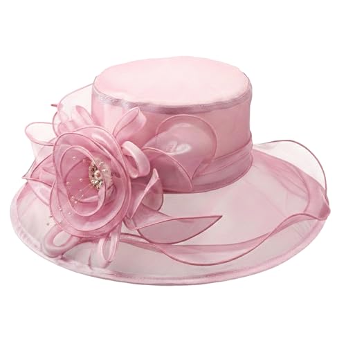 DRESHOW Women Organza Hat Church Cap Hats Clearance Kentucky Derby Cocktail Tea Party Wedding Flower Hat with Wide Brim - color: Flower Hat: Nude Pink