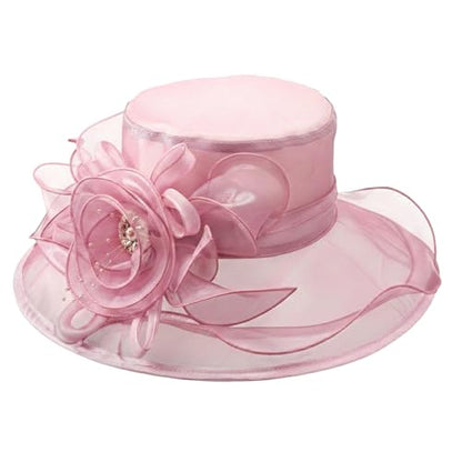 DRESHOW Women Organza Hat Church Cap Hats Clearance Kentucky Derby Cocktail Tea Party Wedding Flower Hat with Wide Brim - color: Flower Hat: Nude Pink