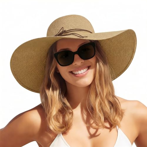 Women's Sun Straw Hat Wide Brim Floppy Foldable Hats Beach Travel Summer Vacation Hat UPF 50+ - color: Khaki