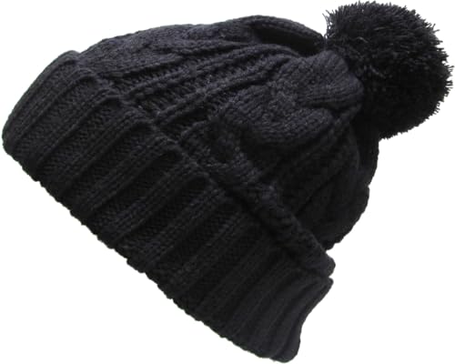 KBETHOS Women's Winter Warm Thick Oversize Knitted Beanie Hat with Pom Pom - color: Black Cable Knit Pom Beanie