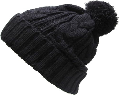 KBETHOS Women's Winter Warm Thick Oversize Knitted Beanie Hat with Pom Pom - color: Black Cable Knit Pom Beanie